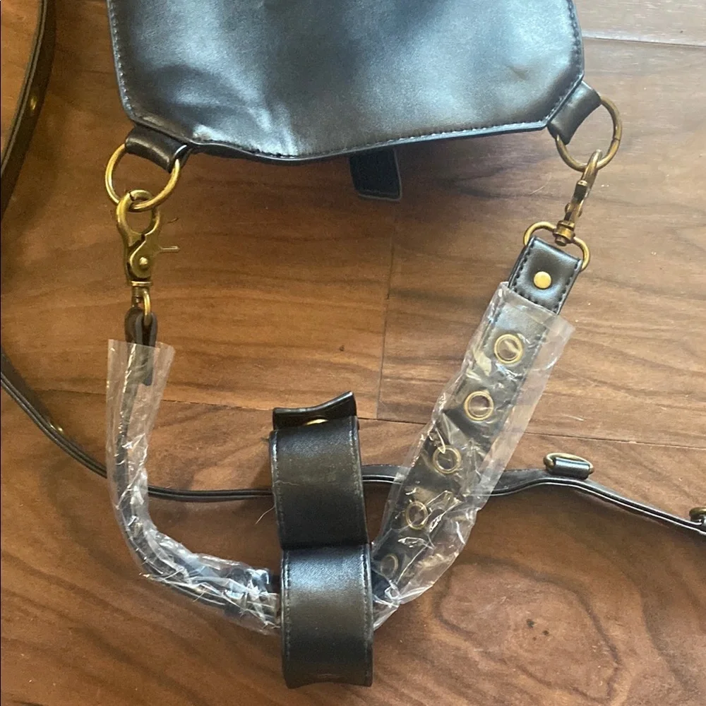 Black Leather Crossbody Bag with Gold Accents Biker Goth Steampunk New No‎ Tags